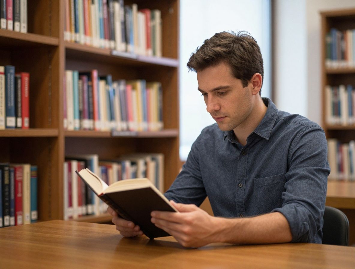 Persona leyendo con concentración en una biblioteca luminosa con estantes de madera, luz natural que entra por una ventana lateral, ambiente académico tranquilo y ordenado