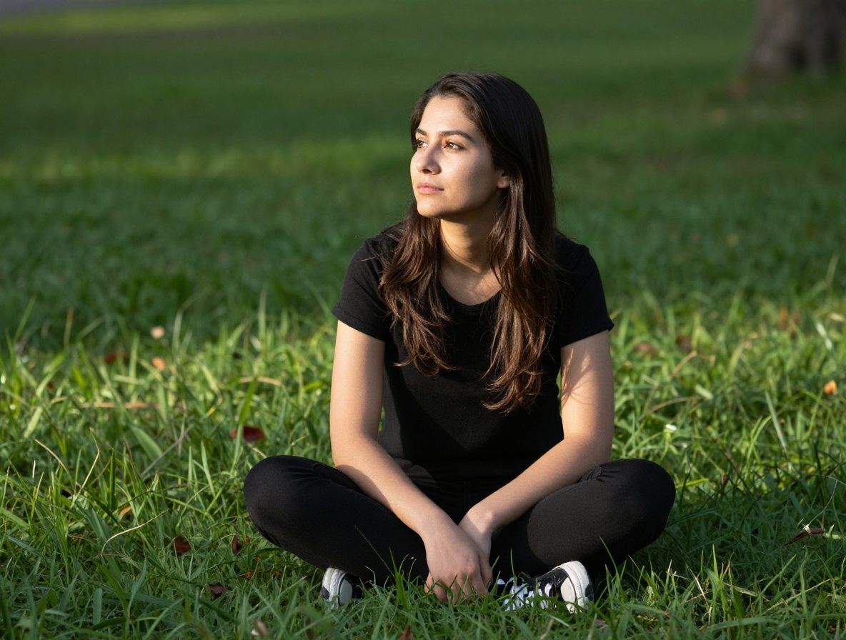 Persona sentada en calma en un entorno natural con vegetación verde, luz suave de tarde, atmósfera contemplativa y serena que transmite quietud y presencia