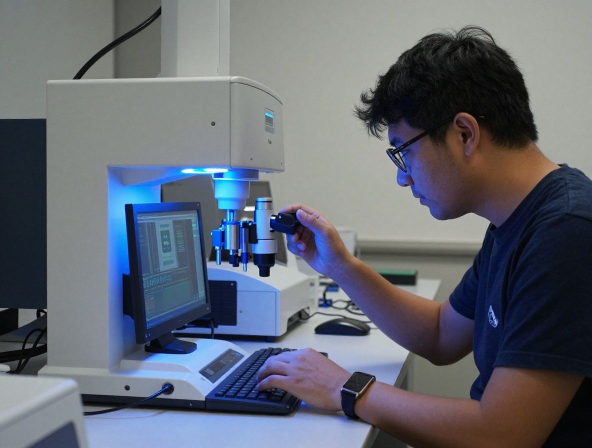 Laboratorio científico moderno con equipamiento de investigación, luz azulada fría y cálida combinada, ambiente de trabajo analítico enfocado con instrumentos de precisión